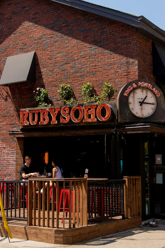a clock on the front of a restaurant