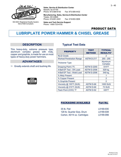 L0190-098 LUBRIPLATE POWER HAMMER & CHISEL GREASE – CASE OF 40 CARTRIDGES
