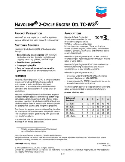 CHEVRON HAVOLINE 2-CYCLE ENGINE OIL TC-W3 – CASE OF 12 – 1 QUART BOTTLES