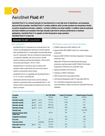 SHLAERFLD41G AeroShell Fluid 41 – CASE OF 6 – 1 GALLON JUGS