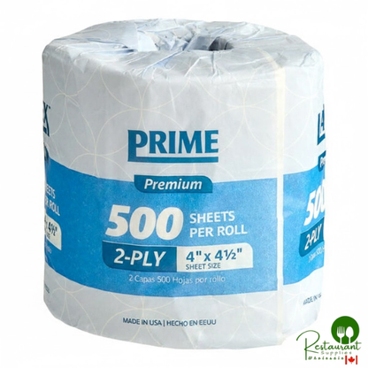 Prime Premium 4" x 4 1/2" Individually Wrapped 2-Ply Standard 500 Sheet Toilet Paper Roll - 96/Case