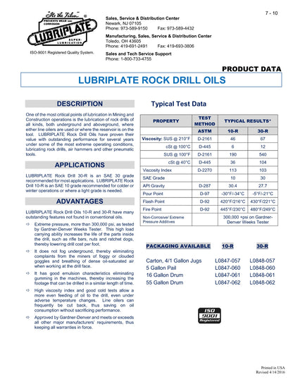 L0848-060 LUBRIPLATE ROCK DRILL OIL 30R, (ISO-100) (30wt) – 5 GALLON PAIL