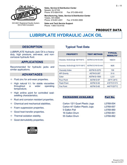 L0768-061 LUBRIPLATE HYDRAULIC JACK OIL – 16 GALLON KEG