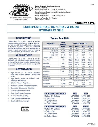 L0762-060 LUBRIPLATE HYDRAULIC OIL HO-2 – 5 GALLON PAIL