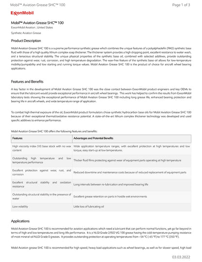 MOBILITH SHC-100 AVIATION 100% SYNTHETIC LONG-LIFE NON-EP BEARING GREASE – 110.2# KEG [EQUIVALENT TO LUBRIPLATE SYN EMB, L0335-039]