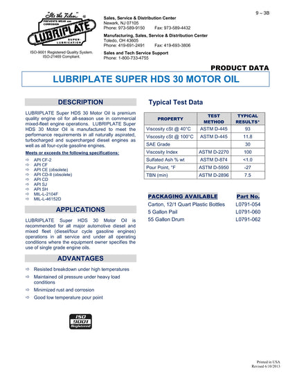 L0791-054 LUBRIPLATE SUPER HDS MOTOR OIL SAE 30 – CASE OF 12 – 1 QUART BOTTLES