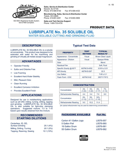 L0576-061 LUBRIPLATE #35 SOLUBLE OIL – 16 GALLON KEG