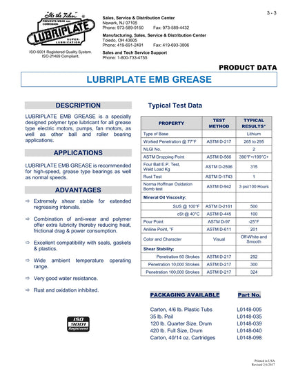 L0148-040 LUBRIPLATE EMB ELECTRIC MOTOR BEARING GREASE – 55 GALLON DRUM