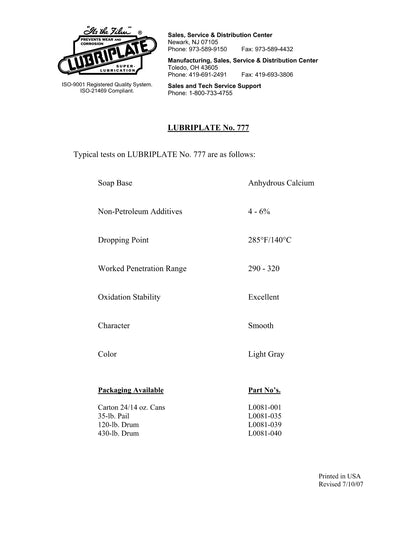 L0081-035 LUBRIPLATE NO. 777 Anhydrous Calcium Type Grease – 5 GALLON PAIL