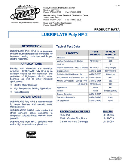 L0191-035 LUBRIPLATE POLY HP-2 GREASE – POLYUREA ELECTRIC MOTOR, PUMP, & HIGH TEMP BEARING GREASE – 5 GALLON PAIL