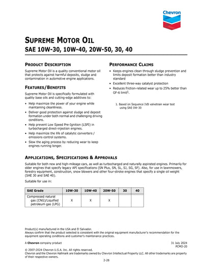 CHEVRON SUPREME MOTOR OIL 30 SN – CASE OF 6 – 1 QUART BOTTLES