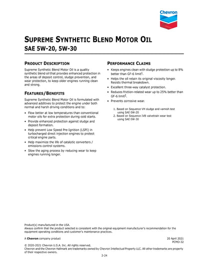 CHEVRON SUPREME MOTOR OIL 5W20 GF5 SN – 275 GALLON TOTE