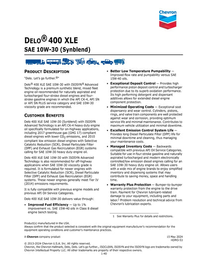 CHEVRON DELO 400XLE SYNBLN 10W30 CK-4 – CASE OF 3 – 1 GALLON JUGS