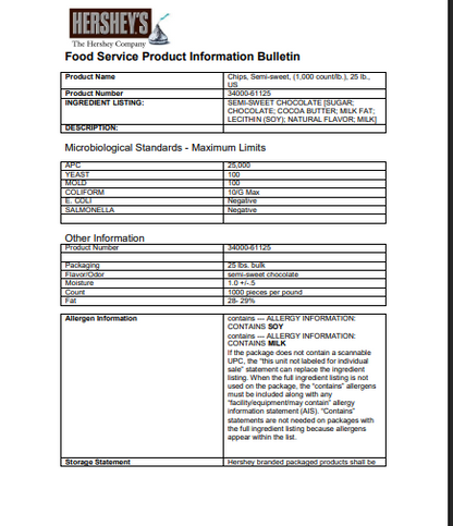 HERSHEY'S Semi-Sweet 1M Baking Chocolate Chips – 25 lb Bulk Bag