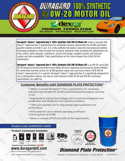 DURAGARD® DIAMOND PLATE® dexos1® GEN-3 100% SYNTHETIC SAE 0W-20 MOTOR OIL – 55 GALLON DRUM