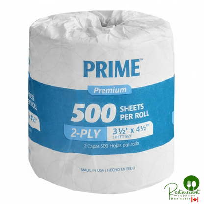 Prime Premium 3 1/2" x 4 1/2" Individually Wrapped 2-Ply Standard 500 Sheet Toilet Paper Roll - 60/Case