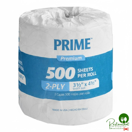 Prime Premium 3 1/2" x 4 1/2" Individually Wrapped 2-Ply Standard 500 Sheet Toilet Paper Roll - 60/Case
