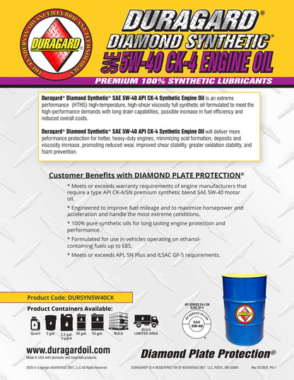 DURAGARD® DIAMOND PLATE® 100% SYNTHETIC CK-4 5W40 Premium Low Emissions, 10.0 TBN Full Synthetic- API Certified CK-4/SN, – 5 GALLON PAIL