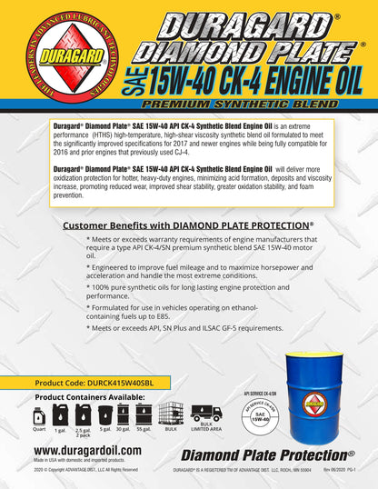 Duragard Diamond Plate CK-4 15W40 Premium Low Emissions, 10.0 TBN Synthetic Blend – API Certified CK-4/SN – 30 GALLON JUG