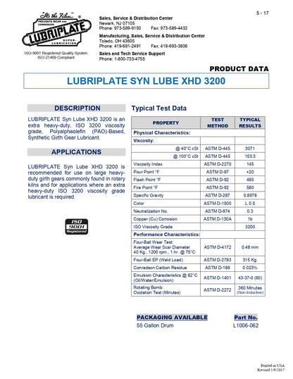 L1006-062 LUBRIPLATE SYNLUBE XHD 3200, (20 DRUM MINIMUM ORDER) – 55 GALLON DRUM [REPLACES MOBIL SHC GEAR 3200]