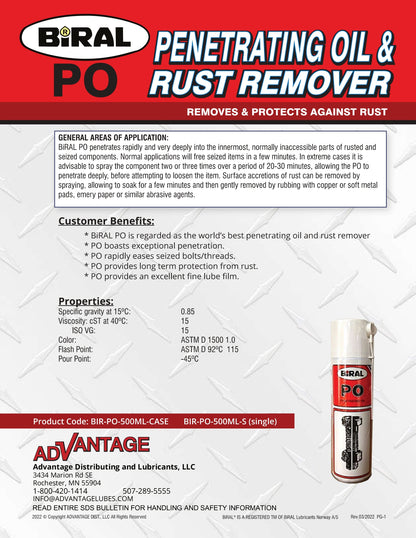 BIRAL PO PENETRATING OIL, 500ML AEROSOL (16.91 FLUID OZ.) – SINGLE
