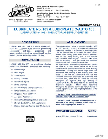 L0034-094 LUBRIPLATE C-105 THE MOTOR ASSEMBLY GREASE – CASE OF 36 – 10oz TUBES