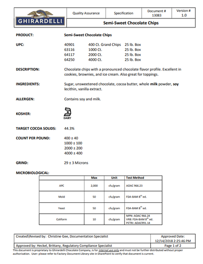 Ghirardelli 4M Semi-Sweet Chocolate Baking Chips 35 lb Bulk