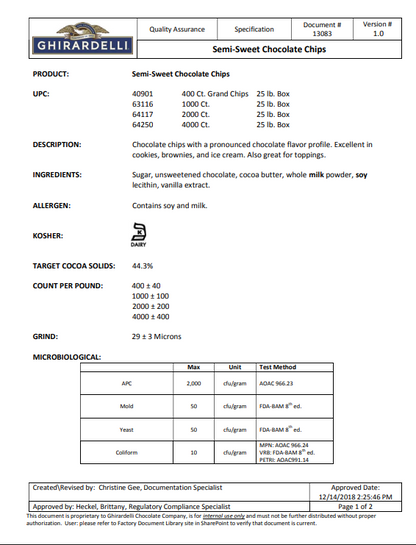 Ghirardelli 2M Semi-Sweet Chocolate Baking Chips 35 lb Bulk