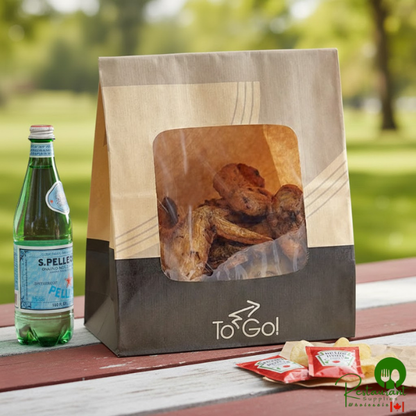 Bagcraft EcoCraft 8 1/4" x 5 1/4" x 12" Printed To-Go Vented Meal Bag with Window and Tac Seal - 250/Case