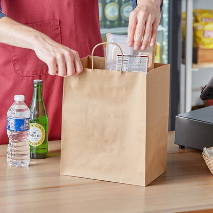 Choice 10" x 6 3/4" x 12" Natural Kraft Paper Customizable Shopping Bag with Handles - 250/Case