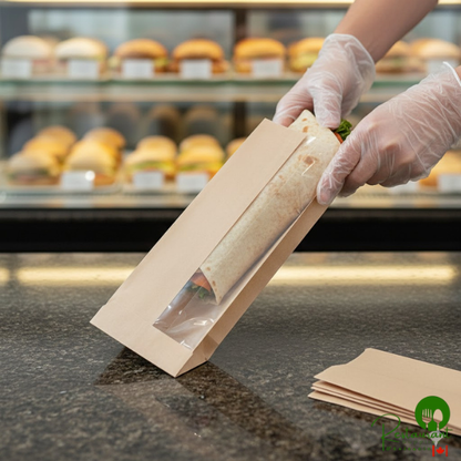 3 1/2" x 2 1/2" x 10 3/4" Kraft Window Sandwich / Half Baguette / Bakery Bag By Prime - 500/Case