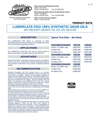 L0839-060 LUBRIPLATE PGO-460, 100% POLYALKYLENE GLYCOL (PAG) GEAR OIL, ISO-460 – 5 GALLON PAIL