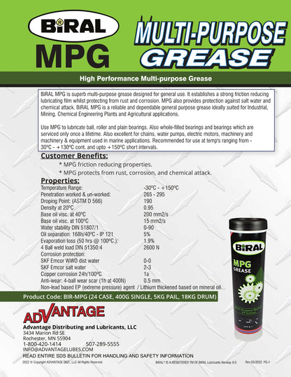 BIRAL MPG MULTI PURPOSE GREASE NLGI-2, 5KG (11.2 LB ) CAN – SINGLE