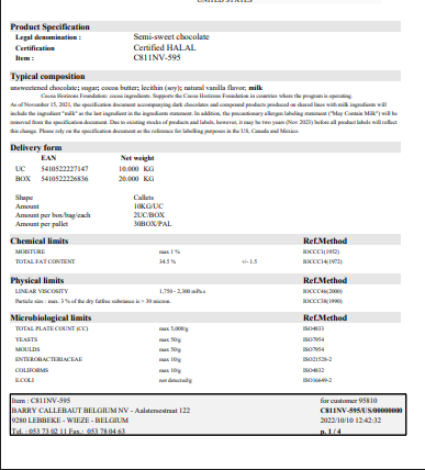 Callebaut Recipe C811 Dark Chocolate Callets™ – 22 lb Bulk Bag