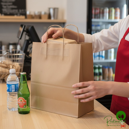 10" x 6 3/4" x 12" Natural Kraft Paper Customizable Shopping Bag with Handles By Prime - 250/Case