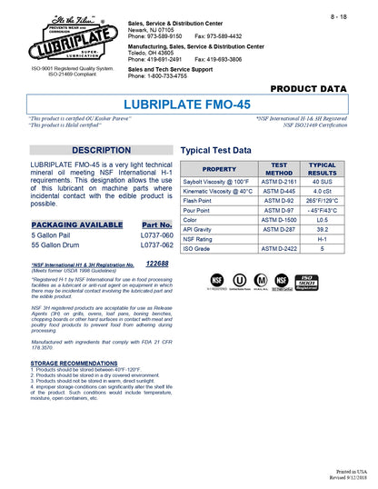 L0737-062 LUBRIPLATE FMO-45, FOOD GRADE PENETRANT (ISO-5) – 55 GALLON DRUM