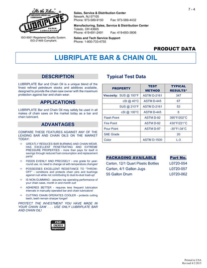 L0720-054 LUBRIPLATE BAR & CHAIN OIL – CASE OF 12 – 1 QUART BOTTLES