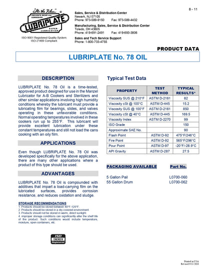 L0700-060 LUBRIPLATE NO. 78 OIL – 5 GALLON PAIL