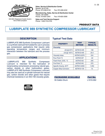 L1010-060 LUBRIPLATE 989 SYN COMPRESSOR LUBE (FOR HYDROCARBON GASES) (ISO-150) – 5 GALLON PAIL