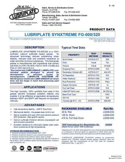 L0308-035 LUBRIPLATE SYNXTREME FG-000/320 100% PAO SYNTHETIC, NLGI-000, ISO-320 – 5 GALLON PAIL