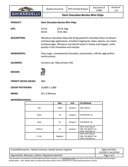Ghirardelli 10M Barista Dark Chocolate Baking Chips 35 lb Bulk