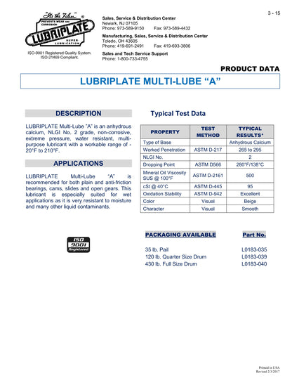L0183-035 LUBRIPLATE MULTI-LUBE A – 5 GALLON PAIL