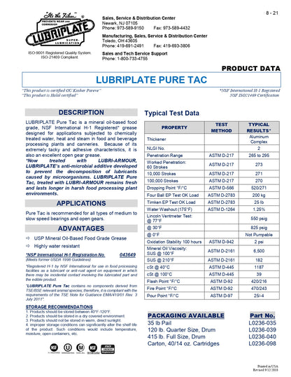 L0236-039 LUBRIPLATE PURE TAC WATER PROOF FOOD GRADE GREASE – 16 GALLON KEG