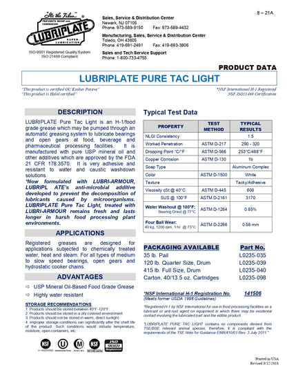 L0235-039 LUBRIPLATE PURE TAC LIGHT WATER PROOF FOOD GRADE GREASE – 16 GALLON KEG