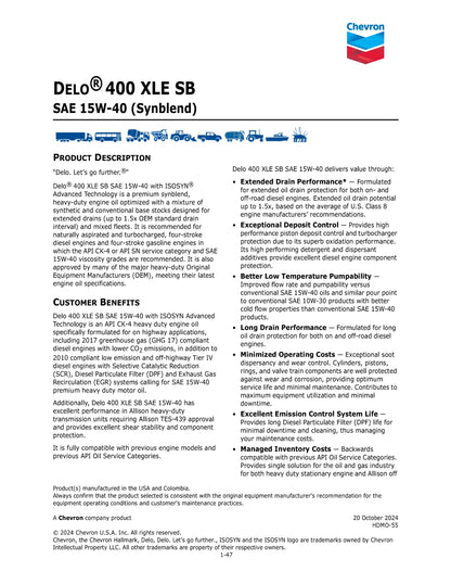 CHEVRON DELO 400 XLE SYNTHETIC BLEND 15W40 – 5 GALLON PAIL