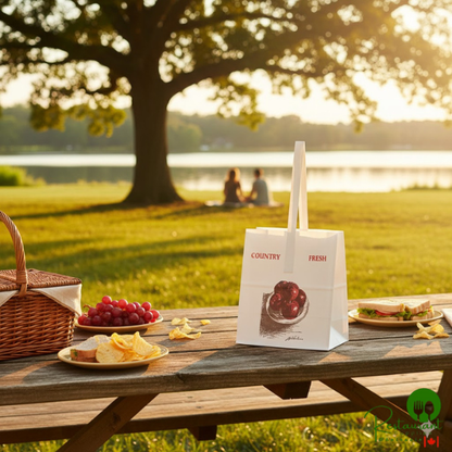 6 3/4" x 8" 1/2 Peck "Country Fresh - Sophomore" Apple White Kraft Paper Produce Market Stand Bag with Handle By Prime - 500/Case