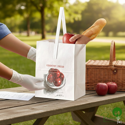 8" x 10 1/2" 1 Peck "Country Fresh - Junior" Apple White Kraft Paper Produce Market Stand Bag with Handle By Prime - 500/Case