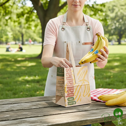 6 3/4" x 8" 1/2 Peck "Go Bananas - Sophomore" Natural Brown Kraft Paper Produce Market Stand Bag with Handle By Prime - 500/Case