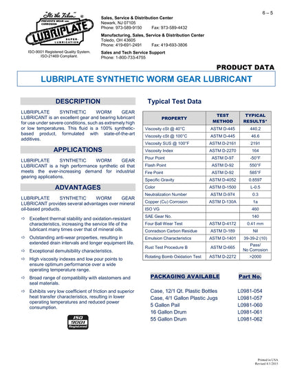 L0981-060 LUBRIPLATE SYNTHETIC WORM GEAR LUBRICANT, (PAO ISO-460) – 5 GALLON PAIL