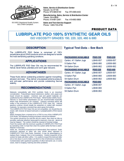 L0838-057 LUBRIPLATE PGO-220, 100% POLYALKYLENE GLYCOL (PAG) GEAR OIL, ISO-220 – CASE OF 4 – 1 GALLON JUGS [REPLACES MOBIL GLYGOYLE 30, ISO-220]